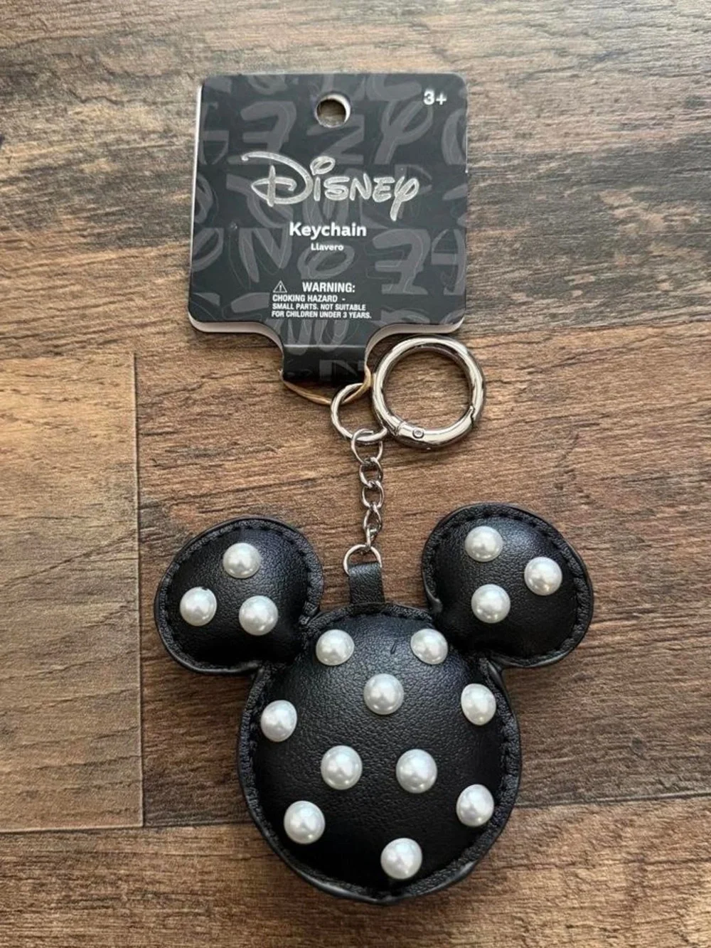 Disney Mickey Mouse  Black Faux-Leather Keychain bag charm with pearl accents